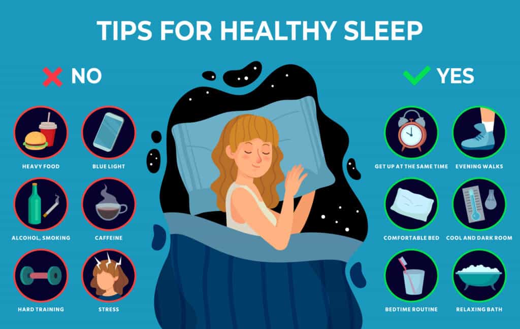 Healthy sleep rules. Healthy night sleep tips, good habits and peacefully sleeping girl vector infographics illustration. Tips and rule for bedtime sleep against insomnia