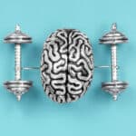 Creative composition made of a steel copy of a human brain lifting dumbbells. The concept of brain exercises to strengthen the mind.